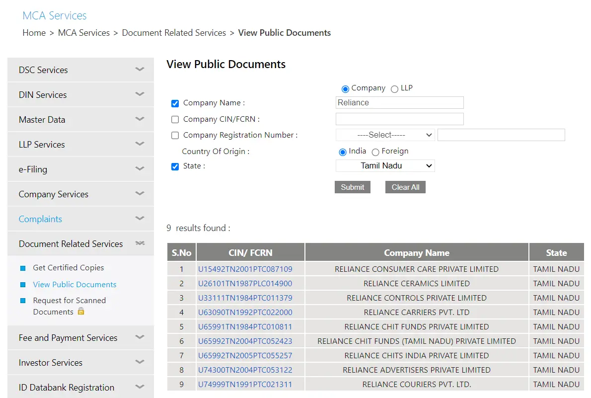 mca company search